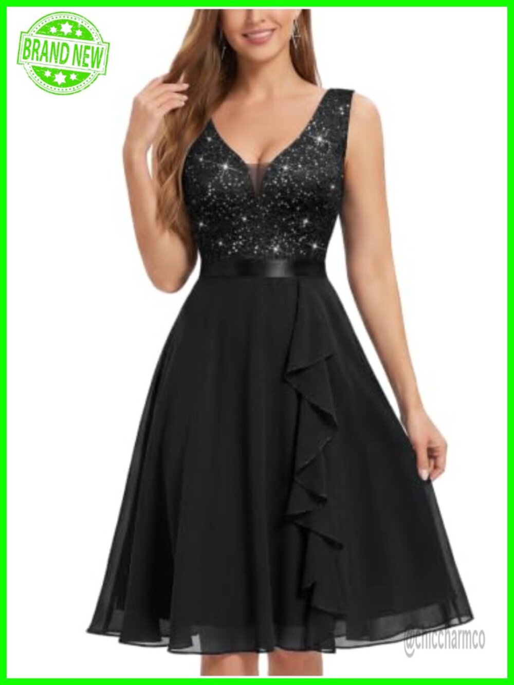 Vintage V-Neck Sequin A-Line Formal Party Dress Sleeveless